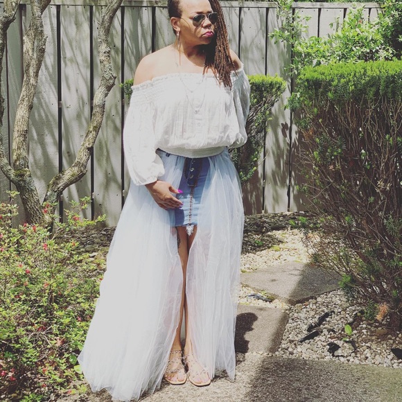 Reversed Denim Skirt Tulle Overlay WHITE - Picture 2 of 8